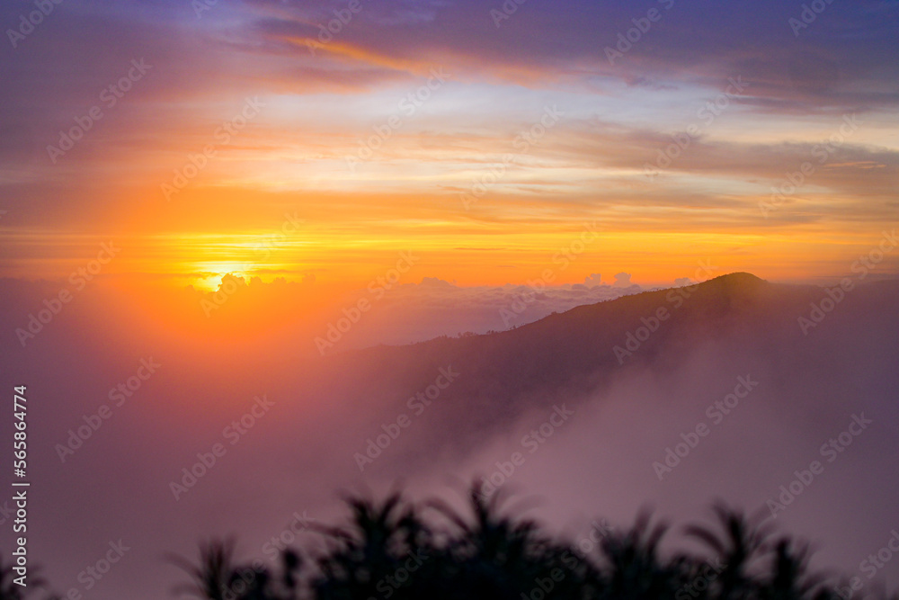 Sunrise at Bromo Volcano, Java Island, Indonesia. Wide-angle aerial image Sunrise at Bromo Volcano, Java Island, Indonesia. Wide-angle aerial image