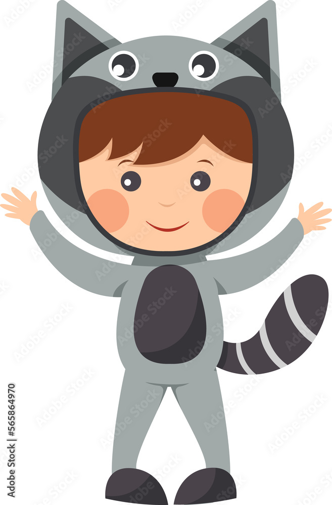 Happy child is wearing Raccoon animal costumes Happy child is wearing Raccoon animal costumes