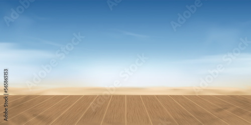 Summer Beach with Wood floor on sand,Clouds and Blue Sky,Vector Empty Brown Wood table for product display on sandy beach,Natural Seascape with blurry horizontal,Banner Summer landscape by seaside 