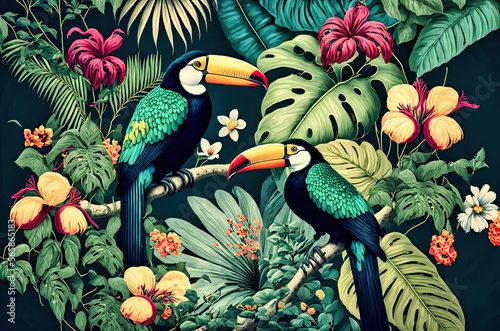 Two Tucans In A Colorful Djungle Wallpaper Background, Generative AI Illustration