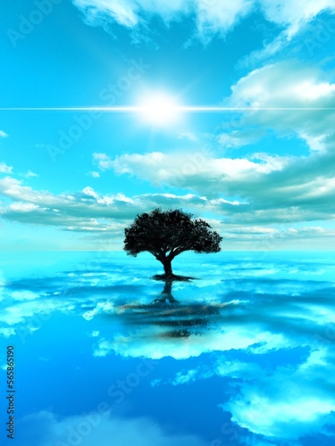 青い海に真夏の青空が反射し、海面にぽつんと立つ木のシルエットイラスト