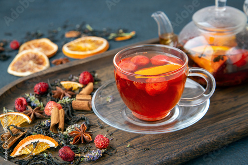 Fruit tea in a glass bowl. Healthy food, vitamins, antioxidants.
