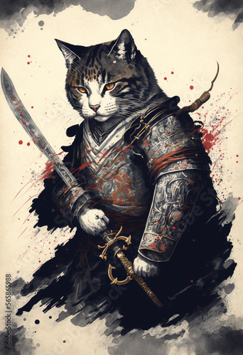 Samurai cat with a katana and dressed as a samurai