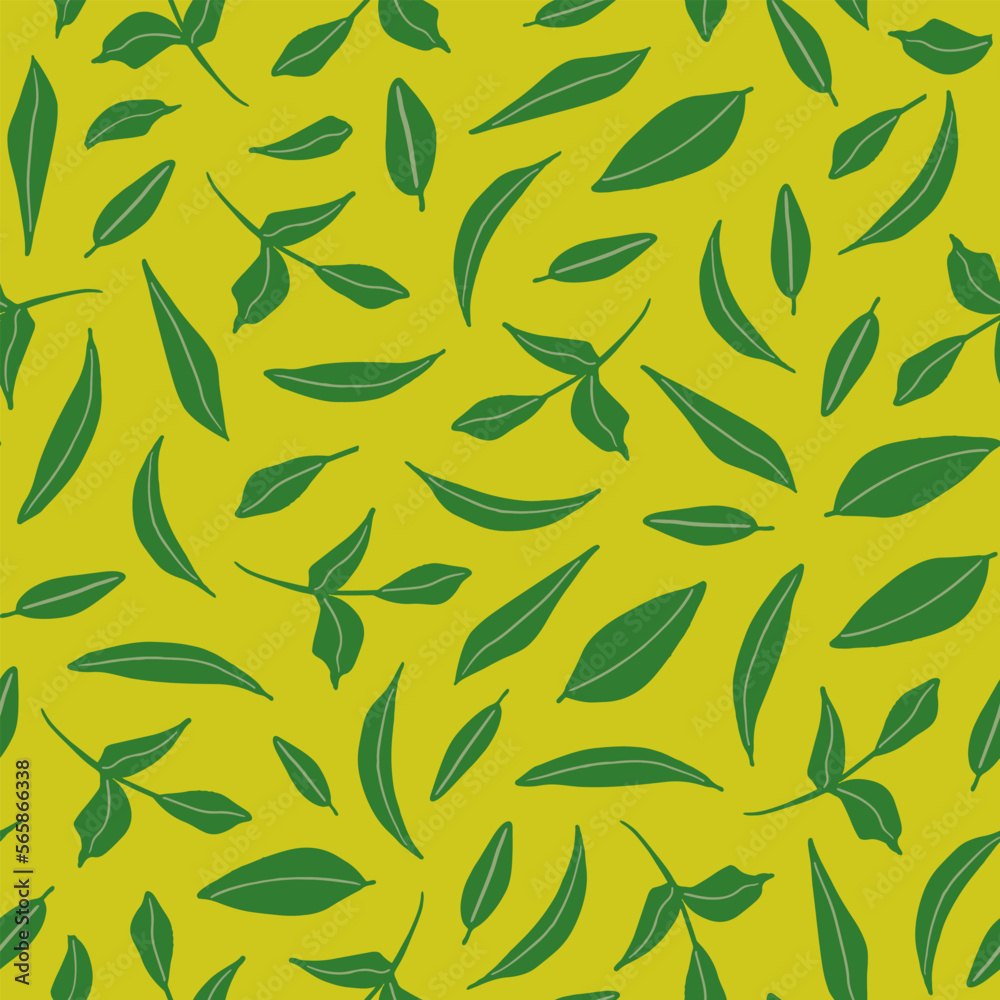 Random placed leaves seamless repeat pattern. Vector, botanical elements all over surface print on lime green background.