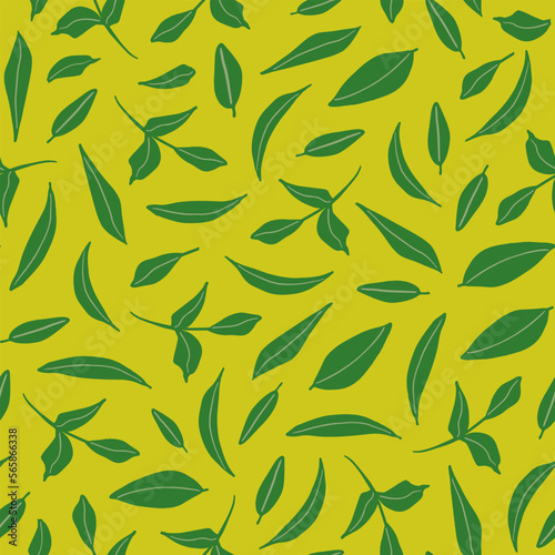 Random placed leaves seamless repeat pattern. Vector, botanical elements all over surface print on lime green background.