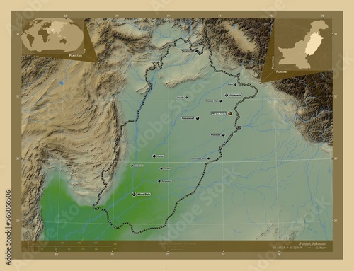 Punjab, Pakistan. Physical. Labelled points of cities photo