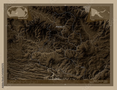 Chimbu, Papua New Guinea. Sepia. Labelled points of cities photo