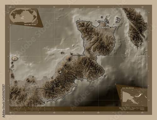 East New Britain, Papua New Guinea. Sepia. Labelled points of cities photo