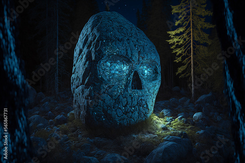 skull in a dence  forest in the dark of night. Generative AI	