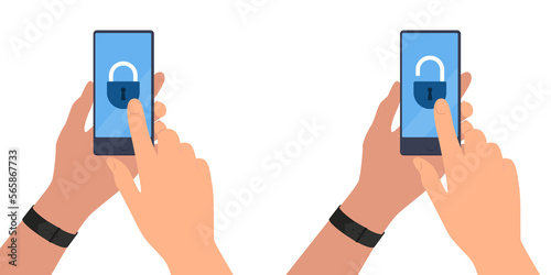 Locking and unlocking smartphone. Data protection concept. Hands are holding a smartphone. Illustration on transparent background