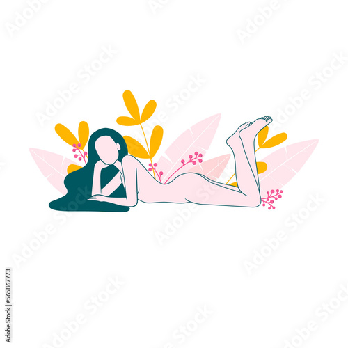 Lying woman and plants. Femininity and self-care concept. Illustration on transparent background