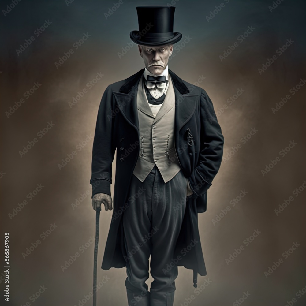 Fototapeta premium Mysterious Victorian man in top hat and suit. Made with Generative AI