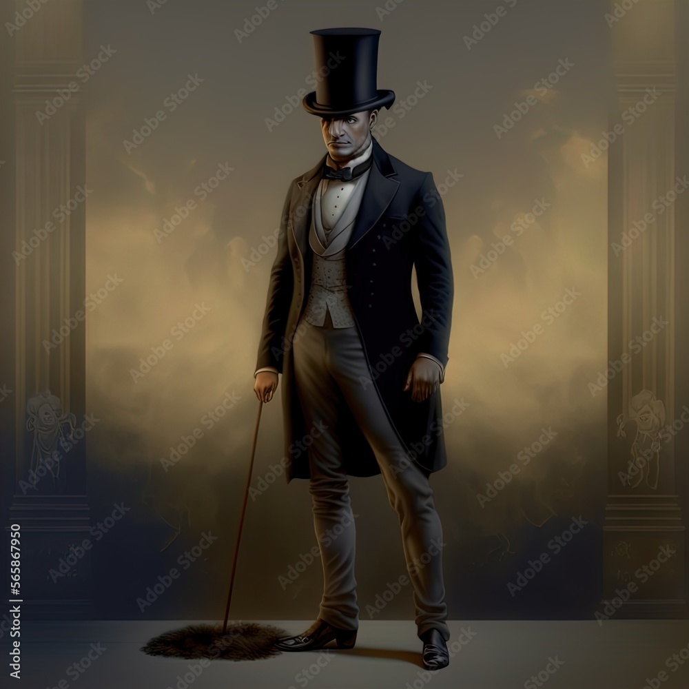Fototapeta premium Mysterious Victorian man in top hat and suit. Made with Generative AI
