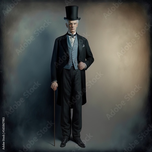 Mysterious Victorian man in top hat and suit. Made with Generative AI photo