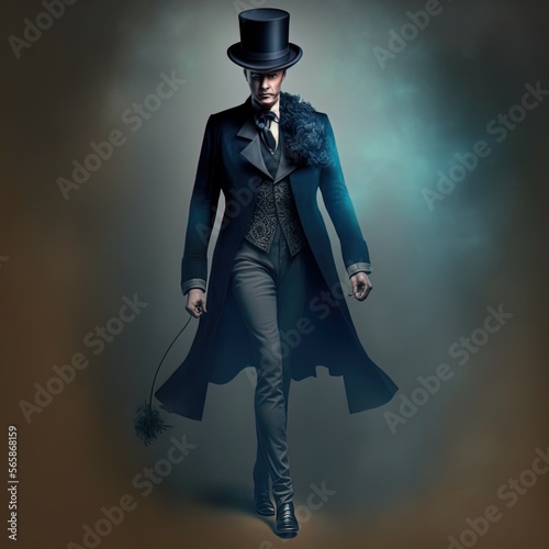 Mysterious Victorian man in top hat and suit. Made with Generative AI photo