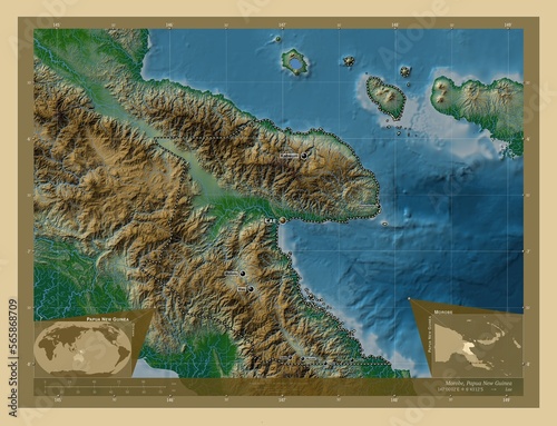 Morobe, Papua New Guinea. Physical. Labelled points of cities photo