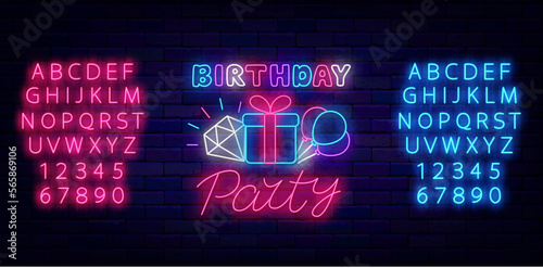 Birthday party neon label on brick wall. Event poster template. Diamond, present and balloon. Vector illustration