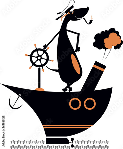 Cartoon dog a captain of the ship. 
Brave dog a captain of the ship smoking a pipe. Isolated on white background
