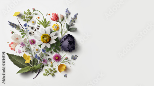 Assortment of leaves and flowers on white background