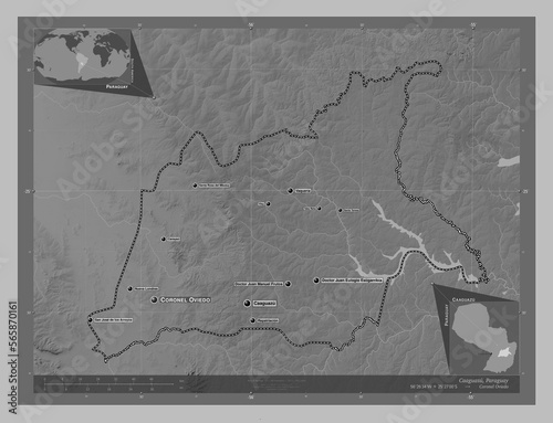 Caaguazu, Paraguay. Grayscale. Labelled points of cities photo