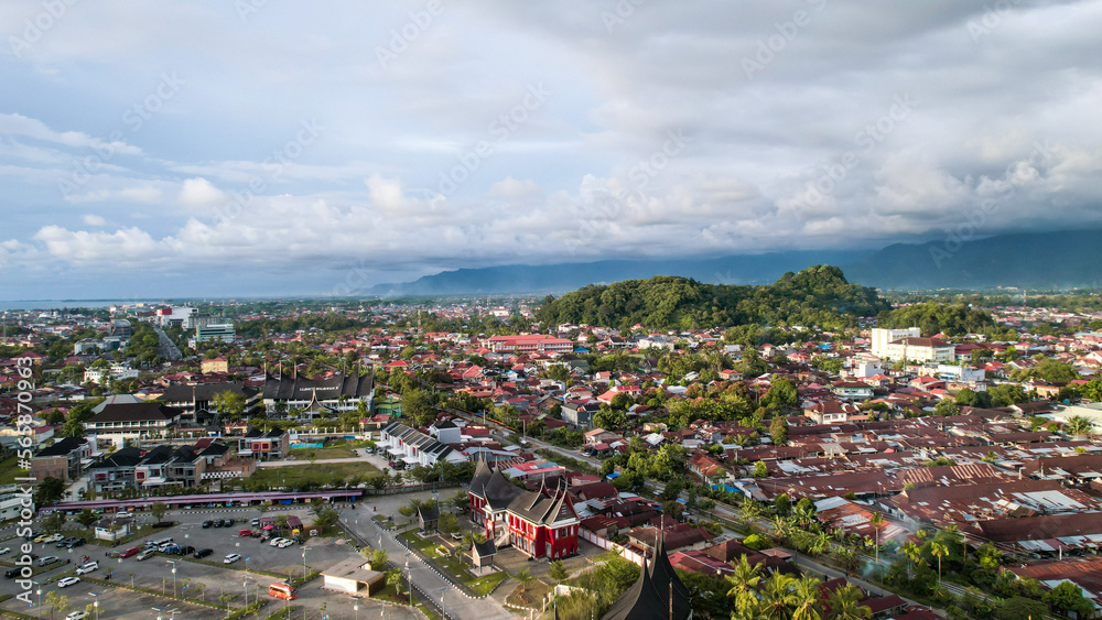 Aerial view of Rumah Gadang, Minangkabau Traditional House in padang, West Sumatra Indonesia. 