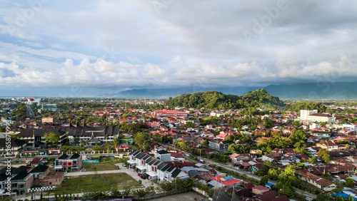 Aerial view of Rumah Gadang, Minangkabau Traditional House in padang, West Sumatra Indonesia.  photo