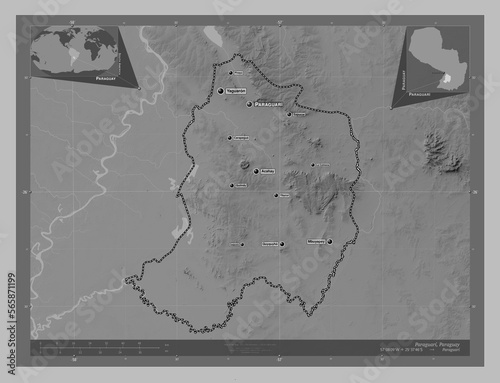 Paraguari  Paraguay. Grayscale. Labelled points of cities