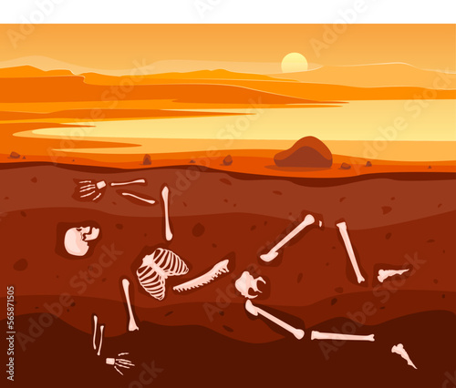 Cartoon Color Archaeology Concept with Human Bones Under Ground Flat Design Style. Vector illustration of Archeology