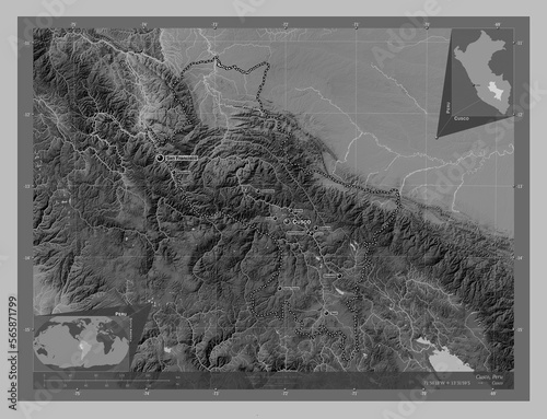 Cusco, Peru. Grayscale. Labelled points of cities photo