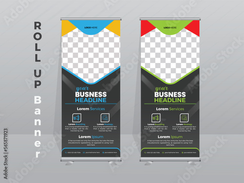 Roll up banner stand template design. Business banner layout. Roll up banner design template, vertical, abstract background, pull up design, modern x-banner. photo