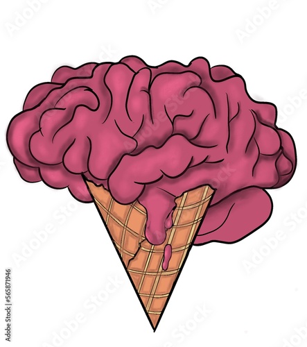 melting brain with ice cream cone, illustration