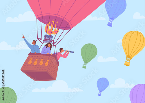 Cartoon Color Characters Business Persons in Hot Air Balloon Idea Search Concept Flat Design Style. Vector illustration