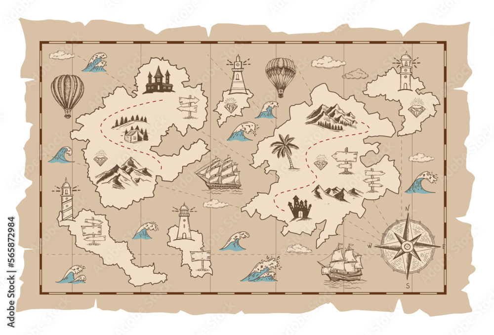 Vector sketch of an old pirate treasure map. Hand-drawn illustrations ...