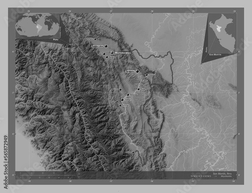 San Martin, Peru. Grayscale. Labelled points of cities photo