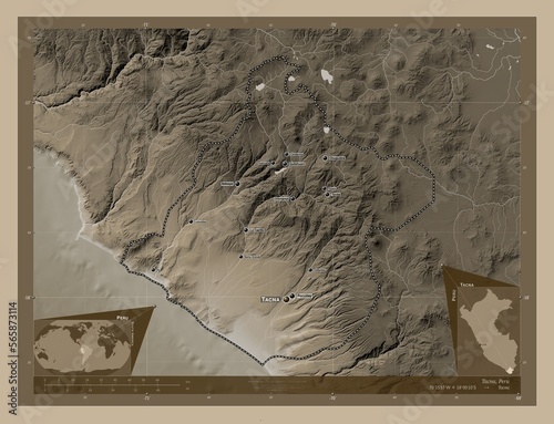 Tacna, Peru. Sepia. Labelled points of cities photo