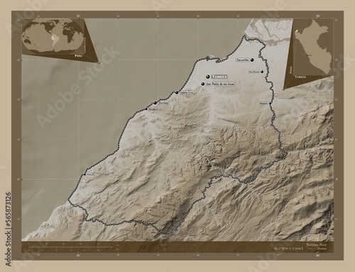 Tumbes, Peru. Sepia. Labelled points of cities photo