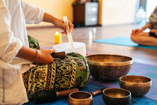 close up Tibetan singing bowl in sound therapy