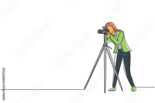 Single continuous line drawing woman paparazzi design concept with photographer shooting appearance of show business stars or other celebrities with tripod. One line draw design vector illustration