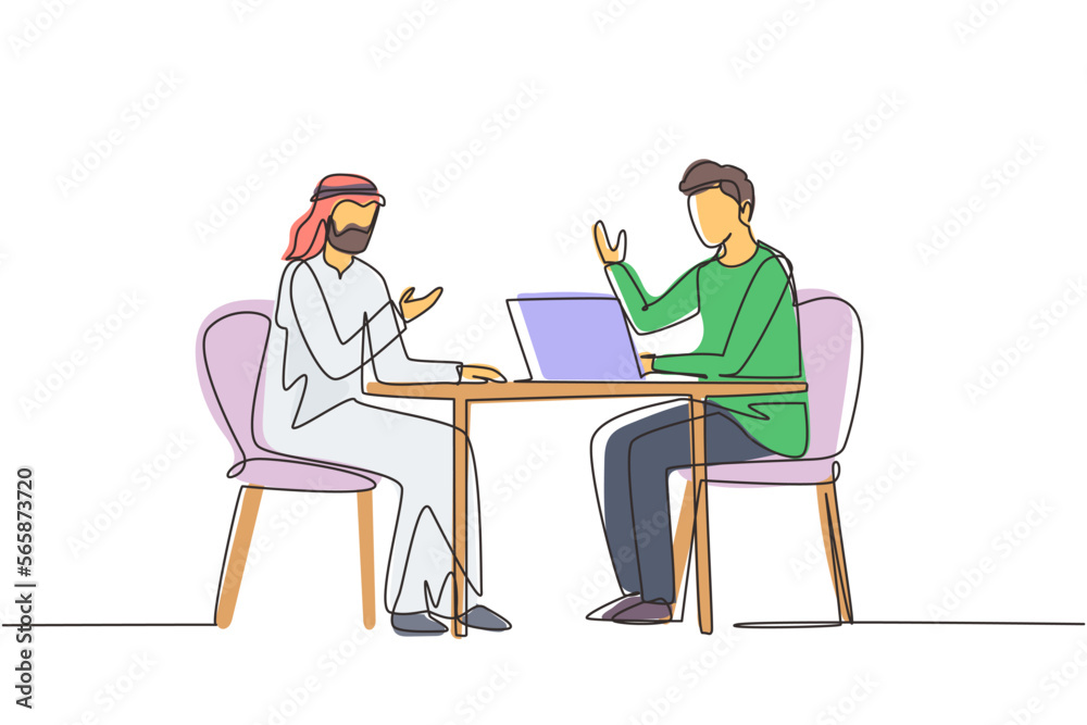 Continuous one line drawing Arab male interviewing famous person in studio for tv show. Concept of television or internet broadcast with journalist talking to celebrity. Single line draw design vector Continuous one line drawing Arab male interviewing famous person in studio for tv show. Concept of television or internet broadcast with journalist talking to celebrity. Single line draw design vector