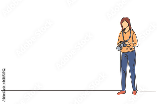 Continuous one line drawing professional girl photographer, people holding camera. Pictures made by employees, photographs by cameraman. Woman experts job. Single line draw design vector illustration