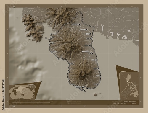 Bataan, Philippines. Sepia. Labelled points of cities photo