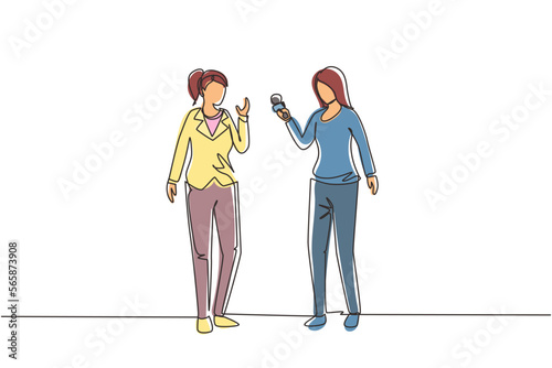 Single one line drawing business woman giving an interview in the presence of journalist with dictaphone. Female tv reporter interviewing questions. Continuous line draw design vector illustration