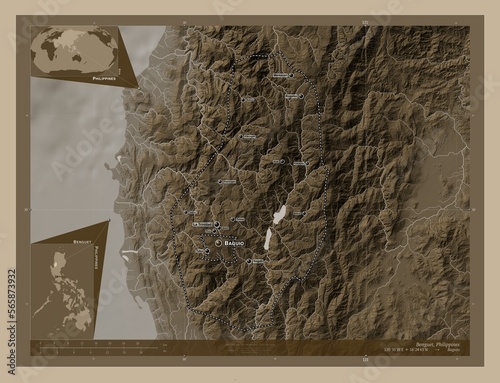 Benguet, Philippines. Sepia. Labelled points of cities photo