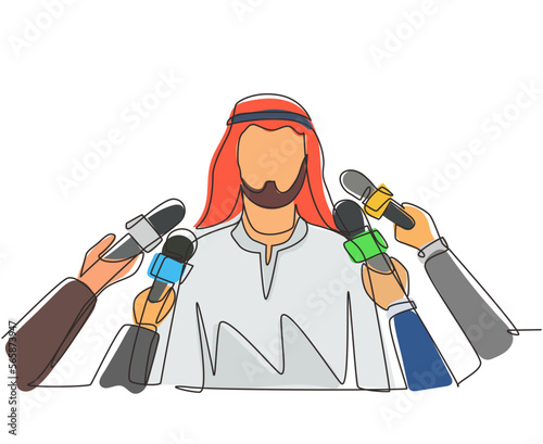 Single one line drawing Arab man interview with microphones. Popular person, presenter, celebrity, political gives comment for breaking news, reportage. Continuous line draw design vector illustration