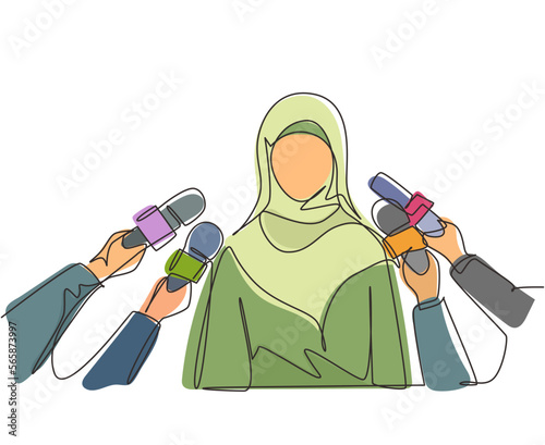 Continuous one line drawing Arab woman giving interview. Hands of journalists holds microphones. Concept of news, elections, interviews, comments, politics. Single line draw design vector illustration