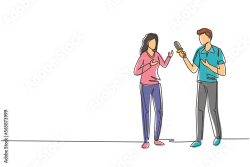 Single one line drawing male tv reporter interviewing questions. Man holding an interview with woman, professional journalist in conversation. Continuous line draw design graphic vector illustration