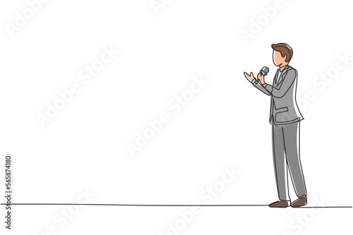 Continuous one line drawing TV news anchorman. News anchor broadcasting the news with a reporter live on screen. Journalist or reporter holding microphone. Single line draw design vector illustration