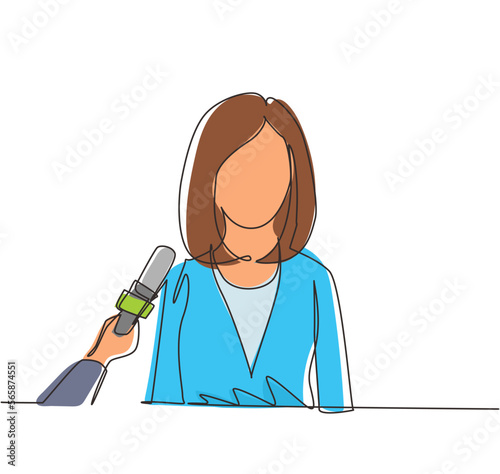 Continuous one line drawing interview with young girl. Digital journalism. News conference world live tv hands of journalists microphones interview concept. Single line draw design vector illustration