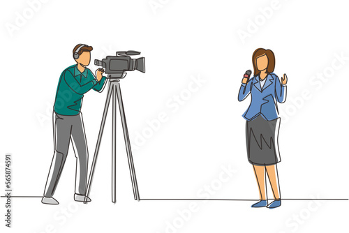 Single continuous line drawing journalist. Woman reporter. Journalists to report. Two journalists. Team of woman reporter journalist man operator broadcasting. One line draw design vector illustration