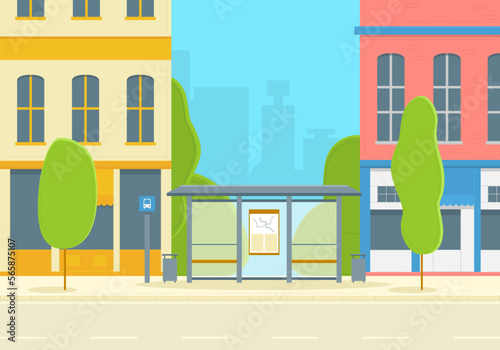 Cartoon Color City Bus Stop Concept Flat Design Style Urban Outdoor View. Vector illustration of Public Transport